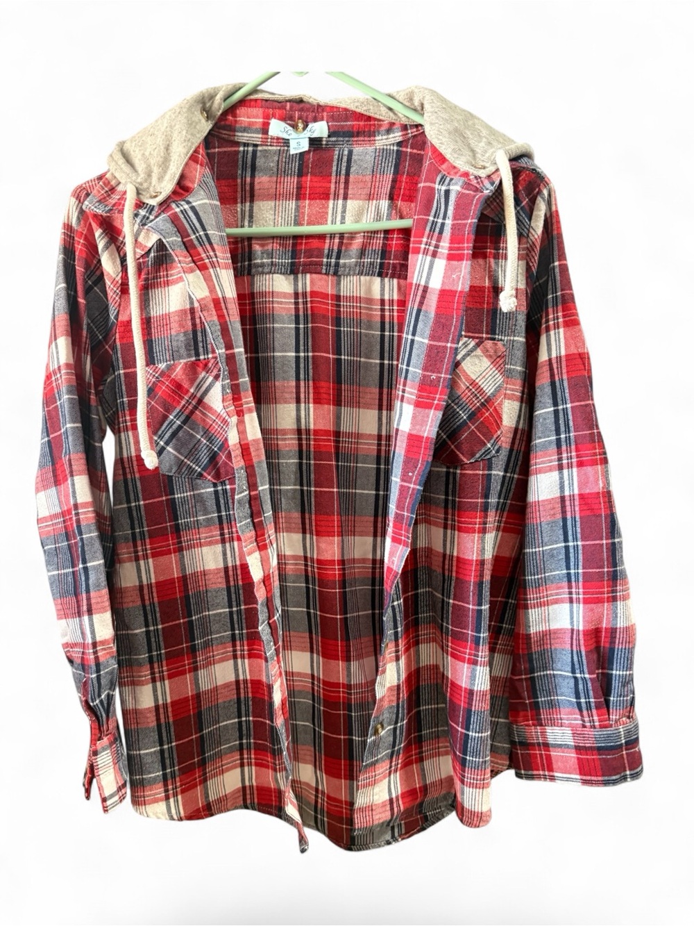 Plaid Hooded Flannel Shirt Jacket - Red Multi